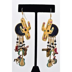 Moulin Rouge VIntage Dessert Cactus Charm Earrings Dangle Western Signed 80s 9D